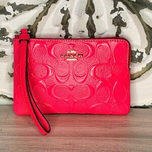 SOLD Coach Neon Pink Signature Patent Leather Corner Zip Wristlet Wallet NWOT